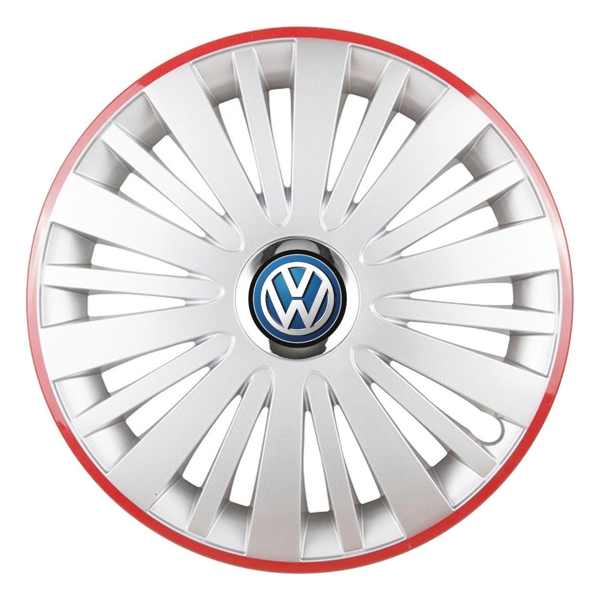 Set 4 Capace Roti, potrivite jantelor de R14, pentru Volkswagen, model falcon argintiu cu rama rosie