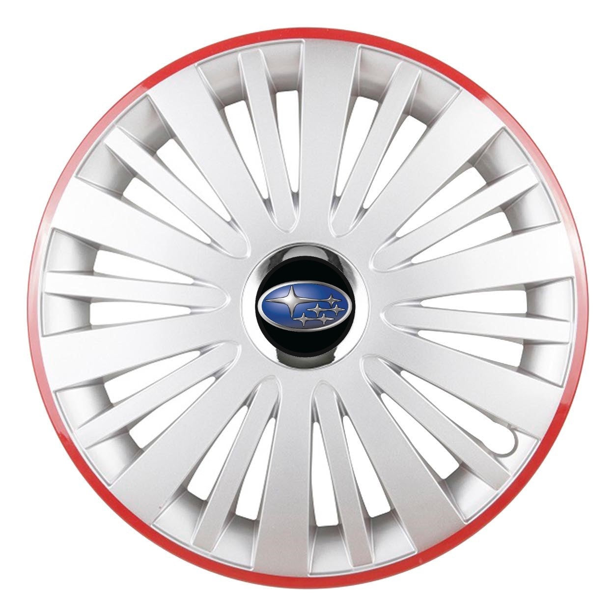 Set 4 Capace Roti, potrivite jantelor de R14, pentru Subaru, model falcon argintiu cu rama rosie