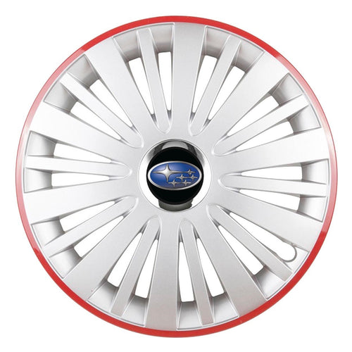 Set 4 Capace Roti, potrivite jantelor de R14, pentru Subaru, model falcon argintiu cu rama rosie