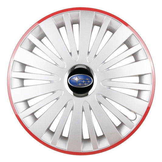 Set 4 Capace Roti, potrivite jantelor de R14, pentru Subaru, model falcon argintiu cu rama rosie