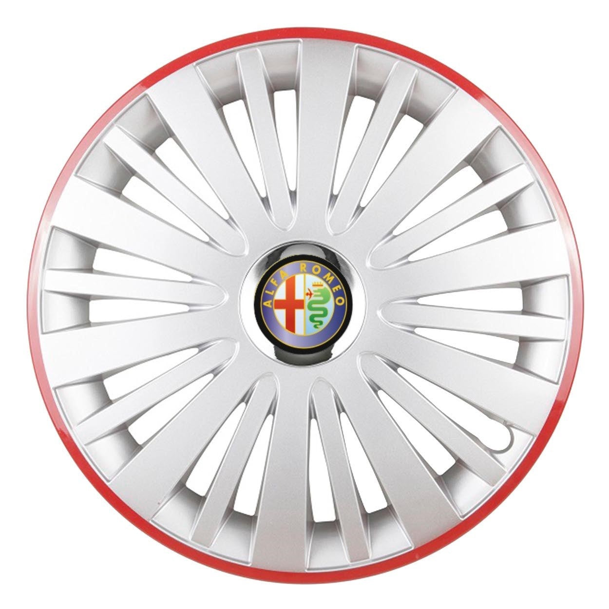Set 4 Capace Roti, potrivite jantelor de R15, pentru Alfa Romeo, model falcon argintiu cu rama rosie