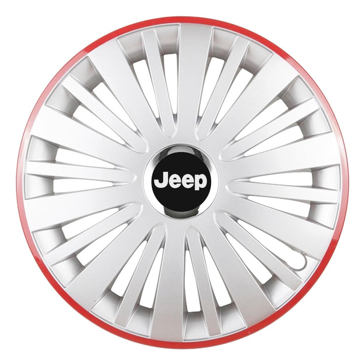 Set 4 Capace Roti, potrivite jantelor de R15, pentru Jeep, model falcon argintiu cu rama rosie