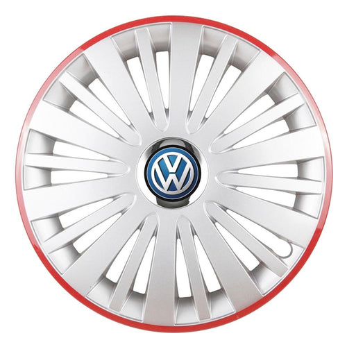 4 darabos dísztárcsa készlet, R15 felnikre alkalmas, Volkswagenhez, ezüst Falcon modell piros kerettel