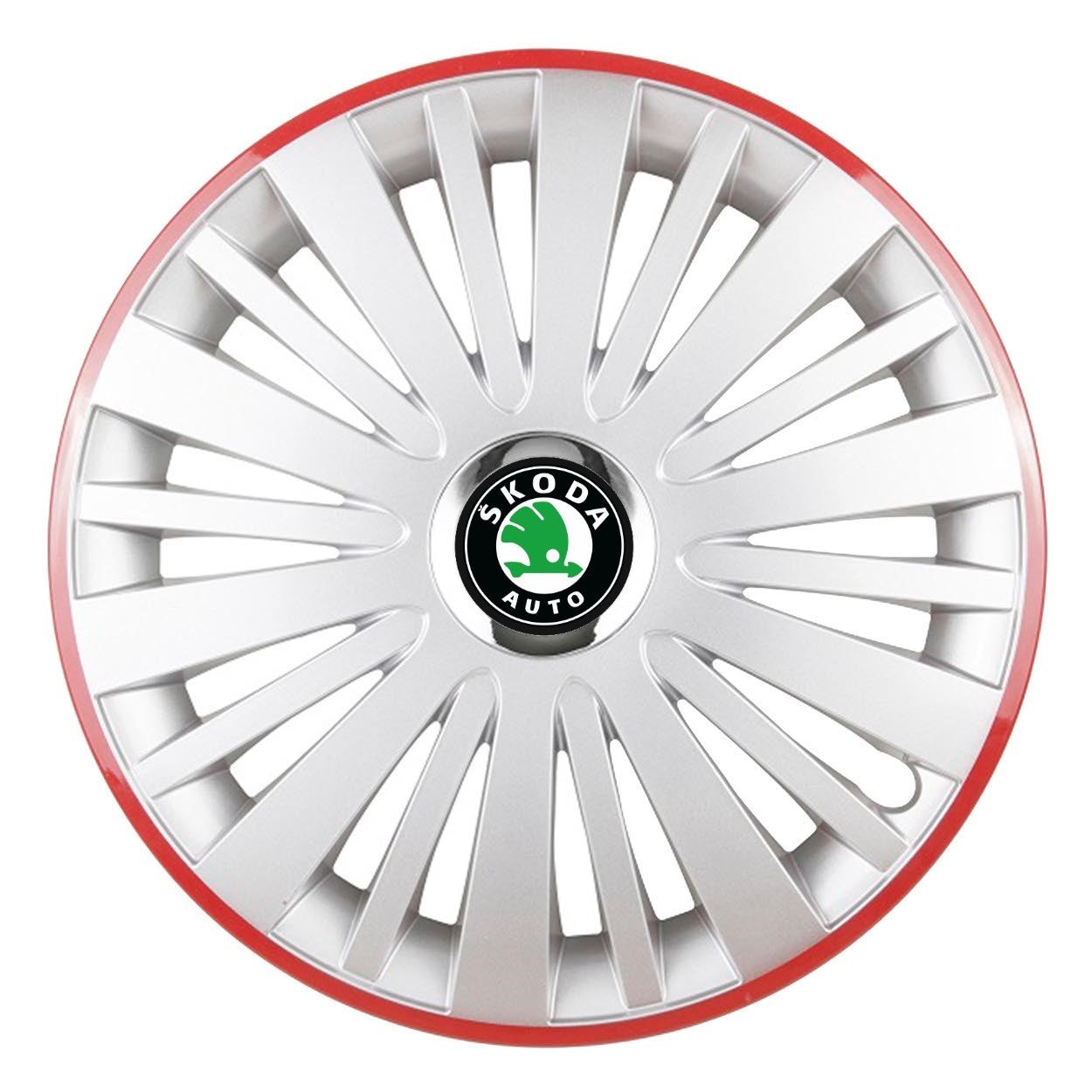 Set 4 Capace Roti, potrivite jantelor de R15, pentru Skoda, model falcon argintiu cu rama rosie