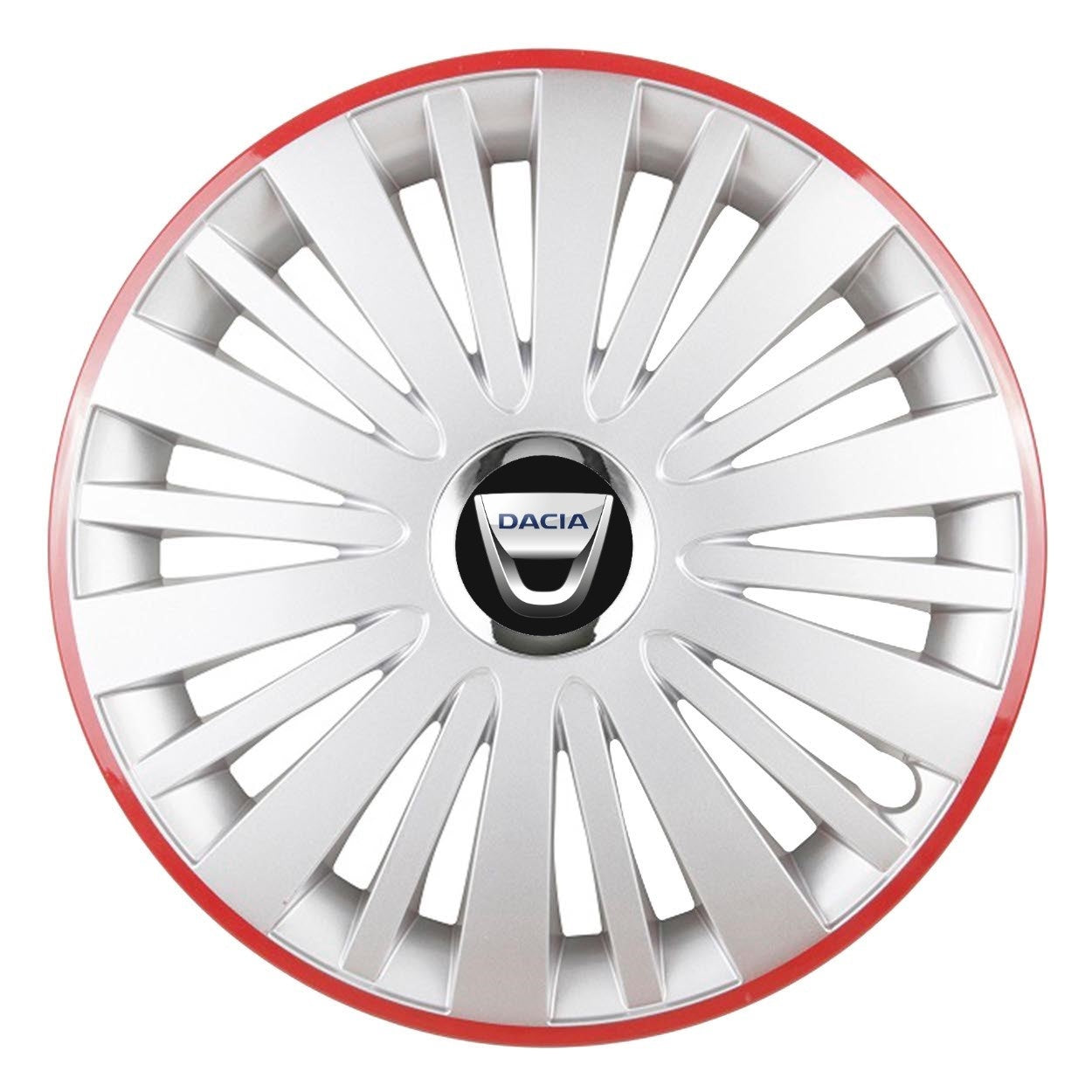 Set 4 Capace Roti, potrivite jantelor de R15, pentru Dacia, model falcon argintiu cu rama rosie