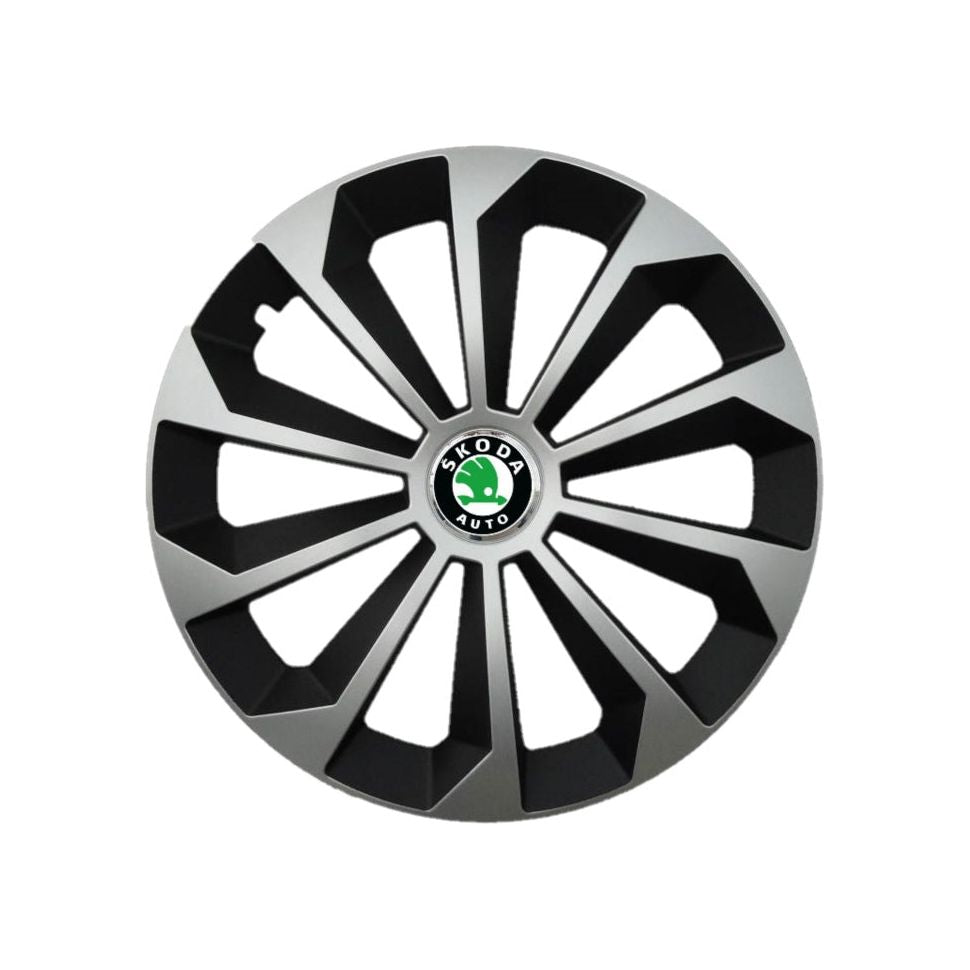 Set 4 capace roti Fame Gri-Negru cu inel R15, pentru gama auto Skoda