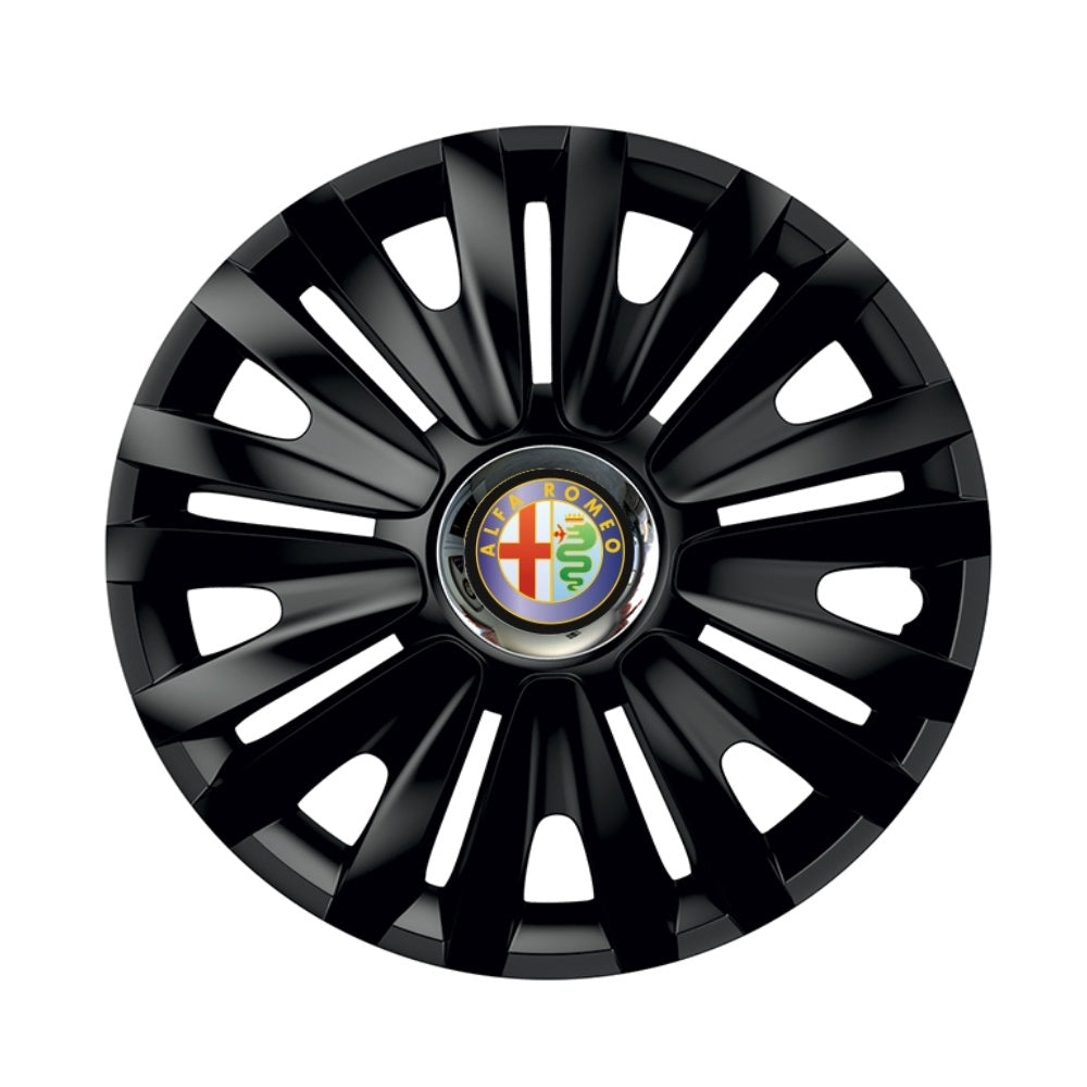 Комплект 4 черни тасове с хромиран пръстен Royal R14, съвместими с Alfa Romeo