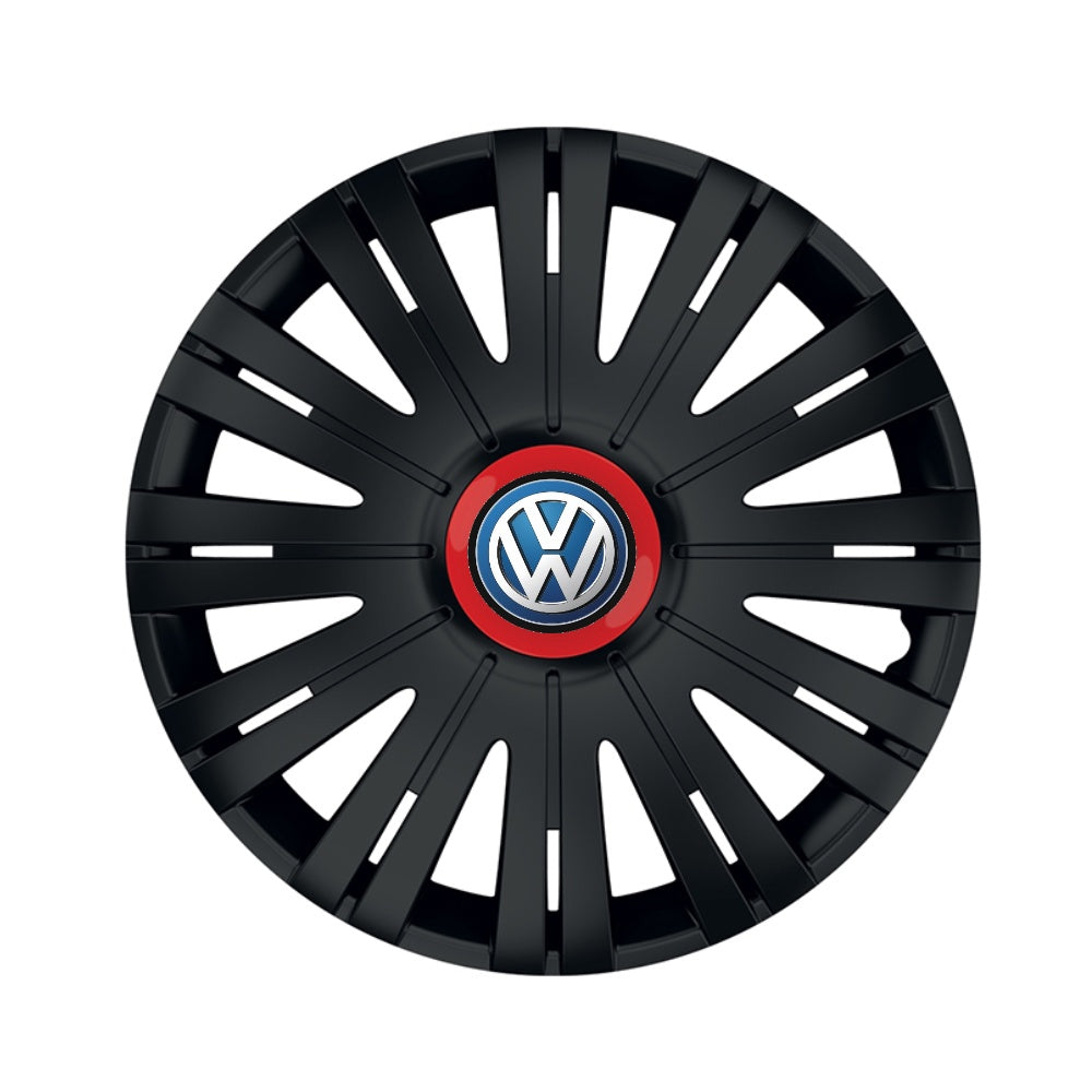 4 db-os fekete dísztárcsa piros gyűrűvel, aktív R16-tal, Volkswagen-kompatibilis