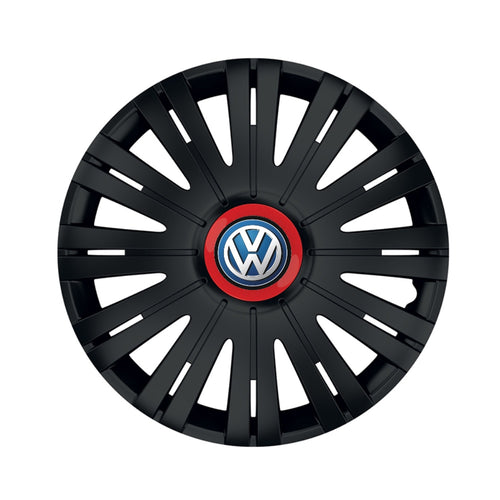 4 db-os fekete dísztárcsa piros gyűrűvel, aktív R16-tal, Volkswagen-kompatibilis