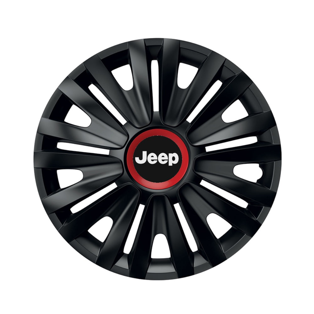 4 db-os fekete dísztárcsa piros gyűrűvel, királykék, R15, Jeep-kompatibilis