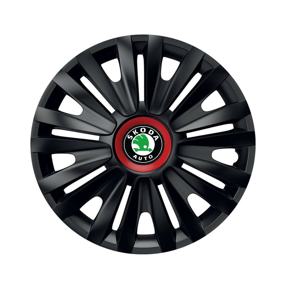 Set 4 capace roti Negre Cu Inel Rosu Royal R15 pentru gama auto Skoda