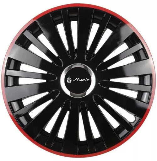 Set 4 Capace Roti pentru Matiz model Falcon Black Cu Rama Rosie R16 MATIZ