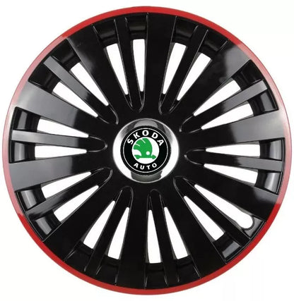 Set 4 Capace Roti pentru Skoda model Falcon Black Cu Rama Rosie R16 SKODA