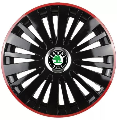 Set 4 Capace Roti pentru Skoda model Falcon Black Cu Rama Rosie R16 SKODA