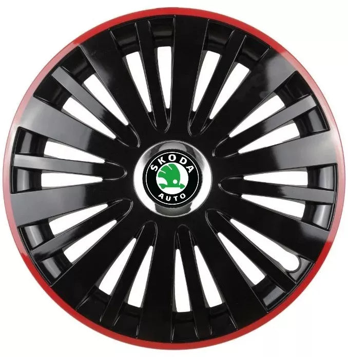 Set 4 Capace Roti pentru Skoda model Falcon Black Cu Rama Rosie R15 SKODA