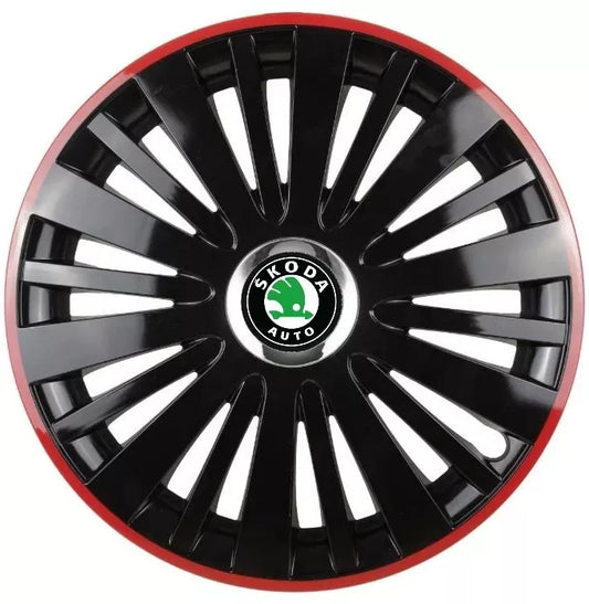 Set 4 Capace Roti pentru Skoda model Falcon Black Cu Rama Rosie R15 SKODA