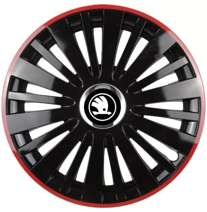 Set 4 Capace Roti pentru Skoda Nou Alb-Negru model Falcon Black Cu Rama Rosie R15 SKODA