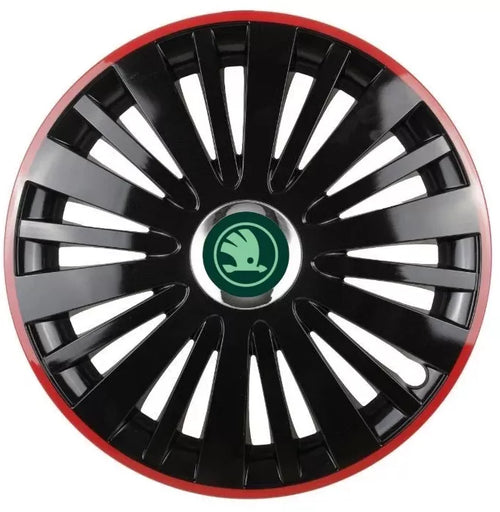 Set 4 Capace Roti pentru Skoda Nou Verde model Falcon Black Cu Rama Rosie R15 SKODA