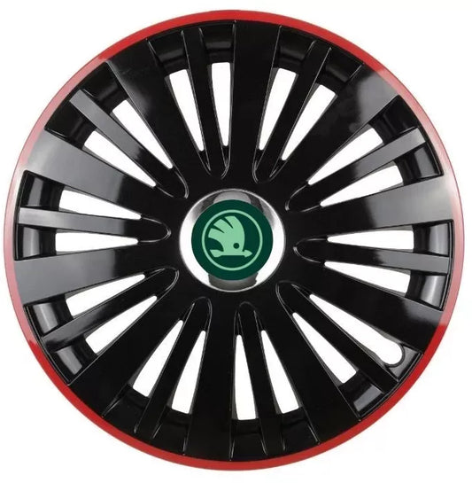 Set 4 Capace Roti pentru Skoda Nou Verde model Falcon Black Cu Rama Rosie R15 SKODA