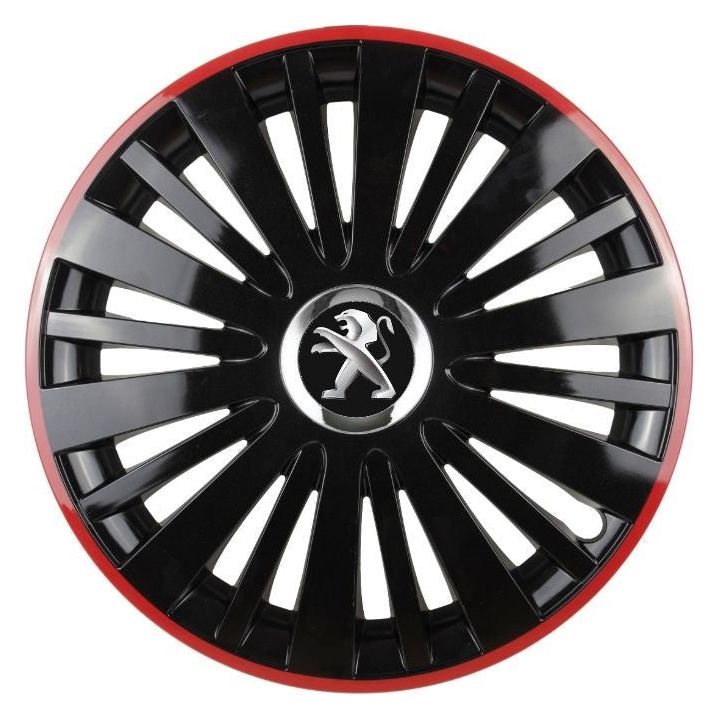 Set 4 capace roti Red/Black cu inel cromat R15 Compatibil Cu Peugeot