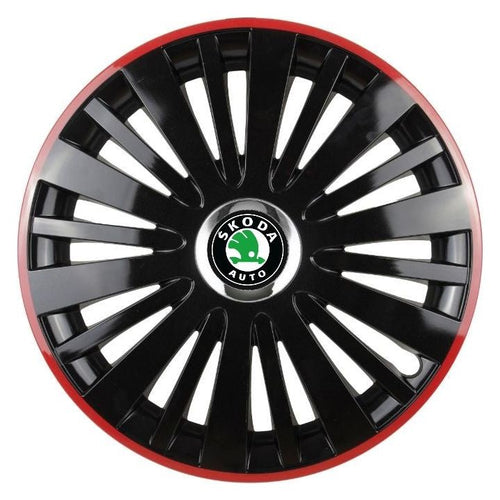 Set 4 capace roti Red/Black cu inel cromat R16 Compatibil Cu Skoda