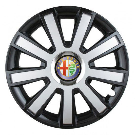 4 darabos ezüst/fekete króm gyűrűs R16 dísztárcsa Alfa Romeo autókhoz