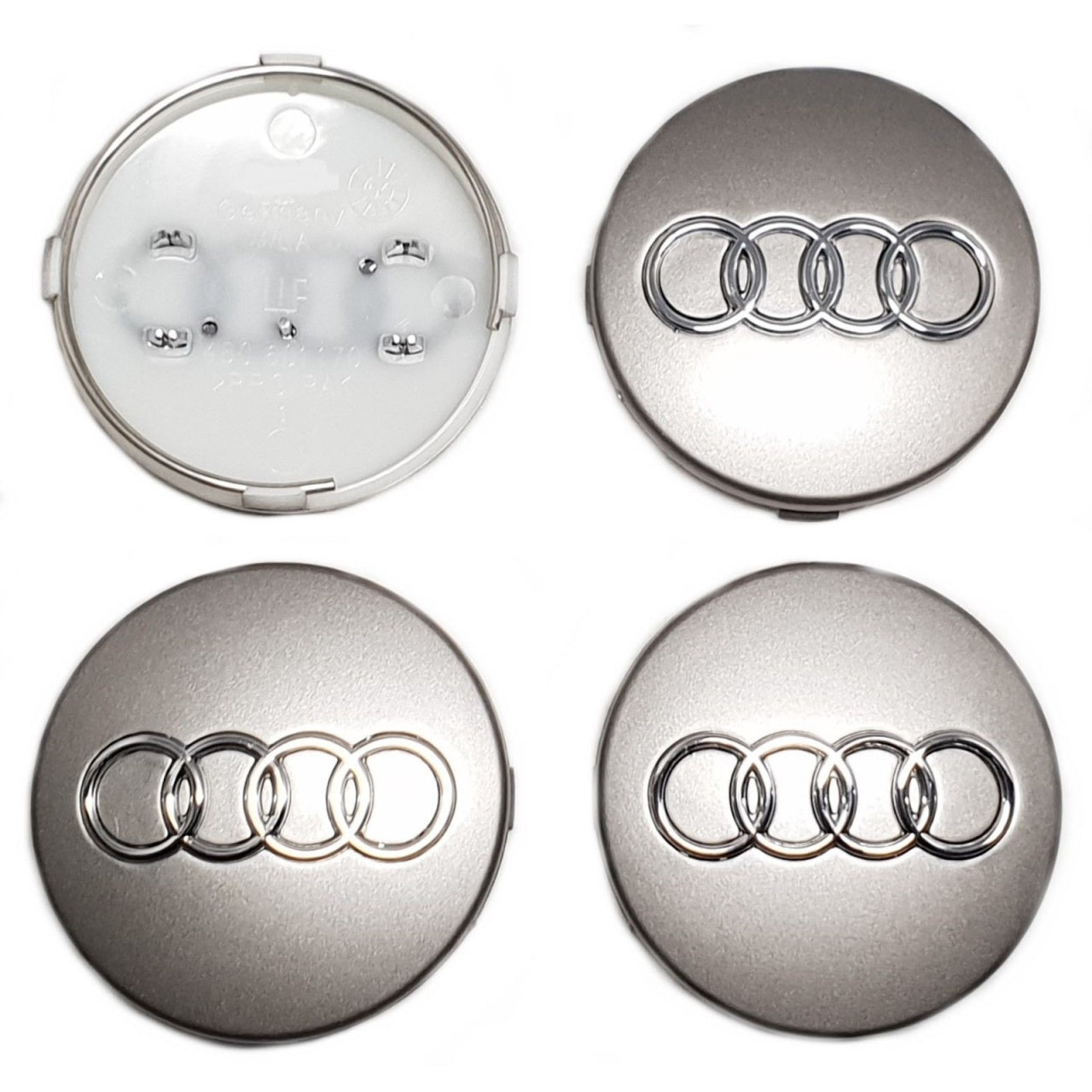 4 db-os 60 mm-es szürke/ezüst színű dísztárcsa készlet, Audi A3, A4, A5, A6, A7, A8, Q3, Q5, Q7 könnyűfém felnikre