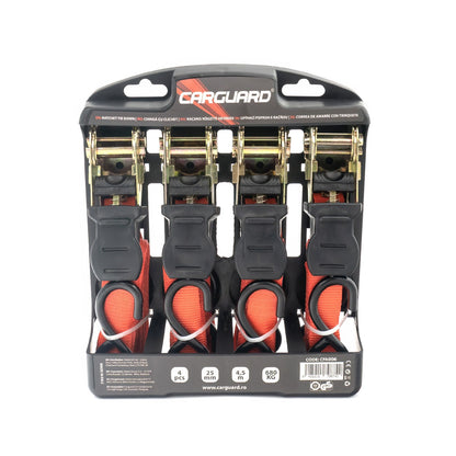 Set 4 chingi cu clichet, rezistent la 680 kg/chingă, TUV/GS – 25 mm × 4.5 m – 680 kg - Carguard - calitate și siguranță garantată!