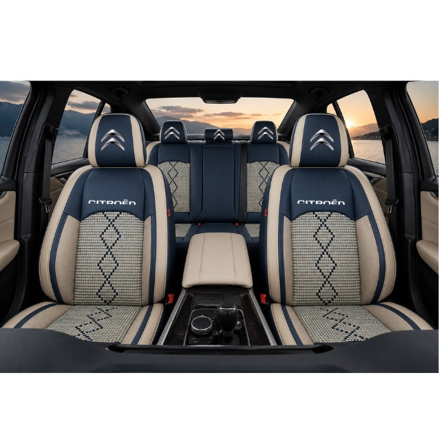 Set Huse Scaune piele ecologică perforată și textil pentru Citroen, Deluxe Albastru/Alb