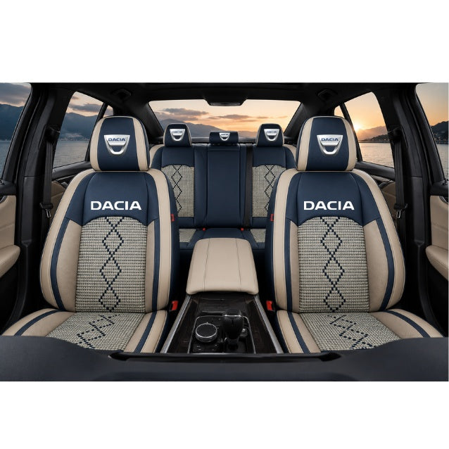 Set Huse Scaune piele ecologică perforată și textil pentru Dacia, Deluxe Albastru/Alb