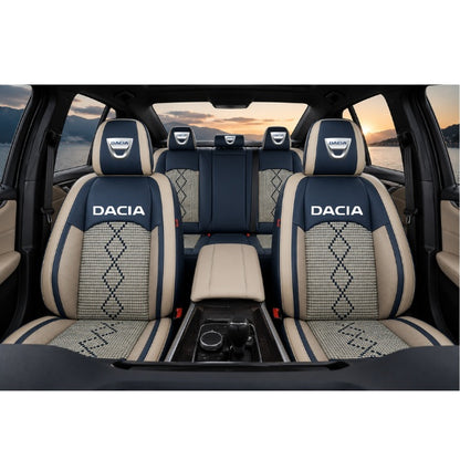 Set Huse Scaune piele ecologică perforată și textil pentru Dacia, Deluxe Albastru/Alb