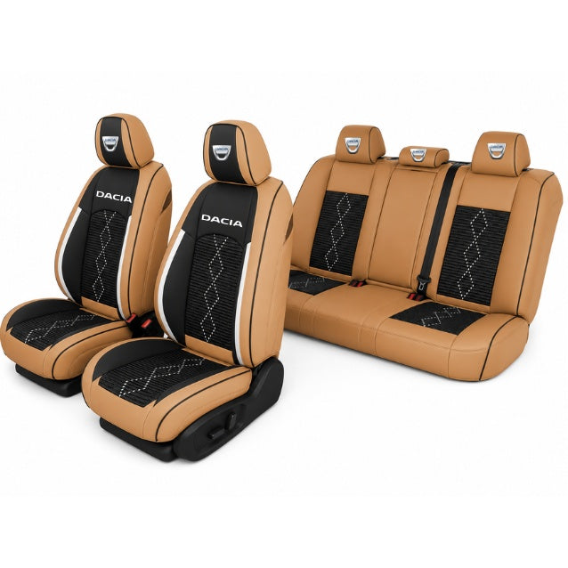 Set Huse Scaune piele ecologică perforată și textil pentru Dacia, Deluxe Maro Caramel