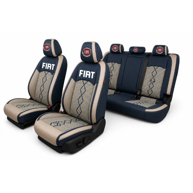 Set Huse Scaune piele ecologică perforată și textil pentru Fiat, Deluxe Albastru/Alb