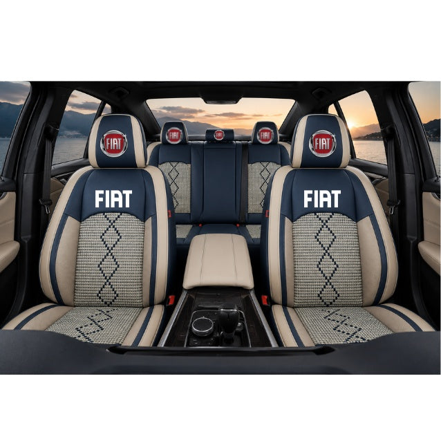 Set Huse Scaune piele ecologică perforată și textil pentru Fiat, Deluxe Albastru/Alb