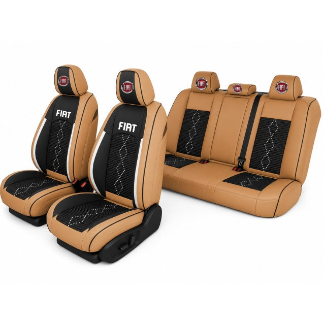 Set Huse Scaune piele ecologică perforată și textil pentru Fiat, Deluxe Maro Caramel