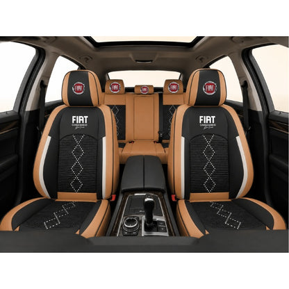 Set Huse Scaune piele ecologică perforată și textil pentru Fiat, Deluxe Maro Caramel