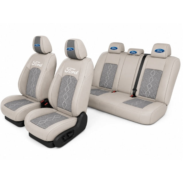 Set Huse Scaune piele ecologică perforată și textil pentru Ford, Deluxe Gri inchis cu Gri deschis