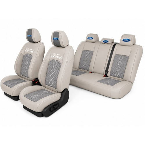 Set Huse Scaune piele ecologică perforată și textil pentru Ford, Deluxe Gri inchis cu Gri deschis