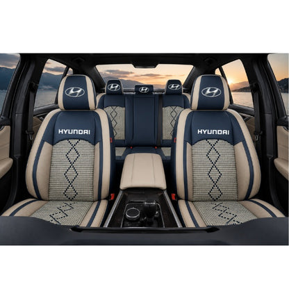 Set Huse Scaune piele ecologică perforată și textil pentru Hyundai, Deluxe Albastru/Alb
