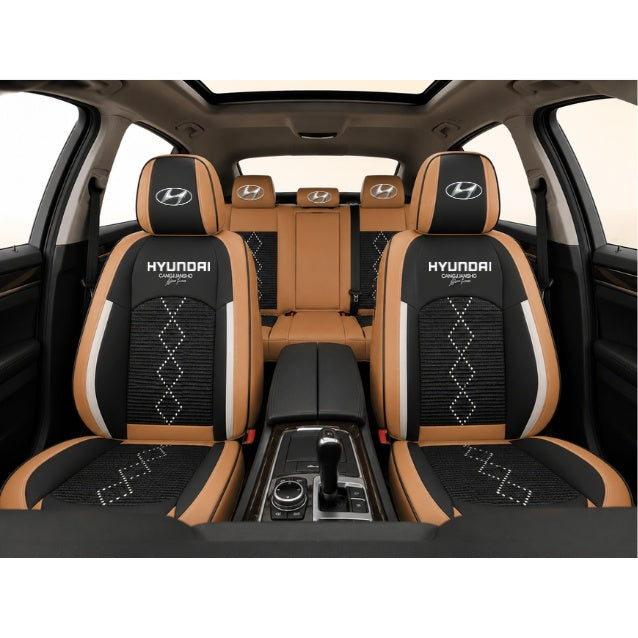Set Huse Scaune piele ecologică perforată și textil pentru Hyundai, Deluxe Maro Caramel