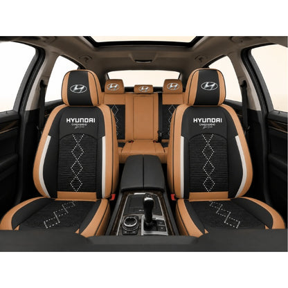 Set Huse Scaune piele ecologică perforată și textil pentru Hyundai, Deluxe Maro Caramel