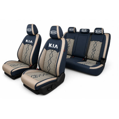 Set Huse Scaune piele ecologică perforată și textil pentru Kia, Deluxe Albastru/Alb