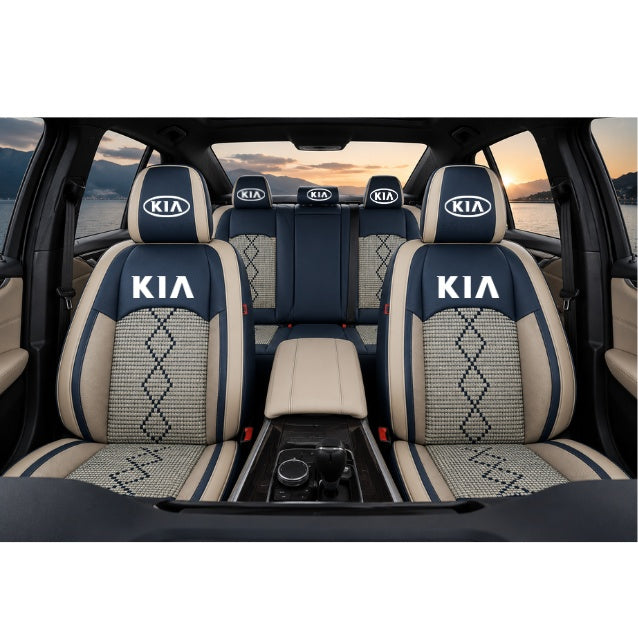 Set Huse Scaune piele ecologică perforată și textil pentru Kia, Deluxe Albastru/Alb