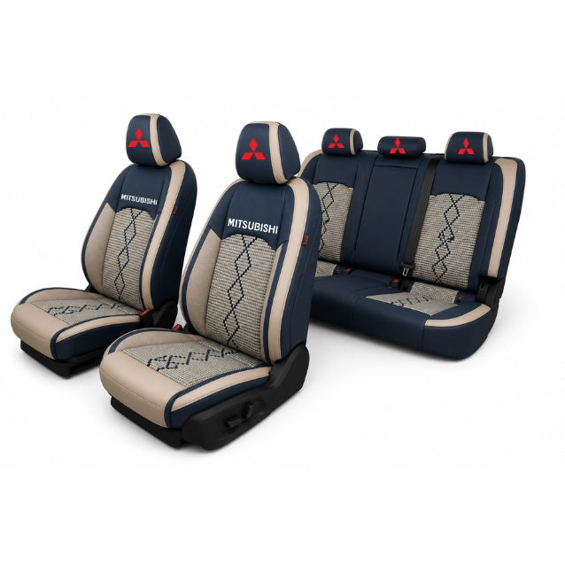 Set Huse Scaune piele ecologică perforată și textil pentru Mitsubishi, Deluxe Albastru/Alb