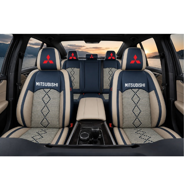 Set Huse Scaune piele ecologică perforată și textil pentru Mitsubishi, Deluxe Albastru/Alb