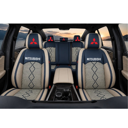 Set Huse Scaune piele ecologică perforată și textil pentru Mitsubishi, Deluxe Albastru/Alb