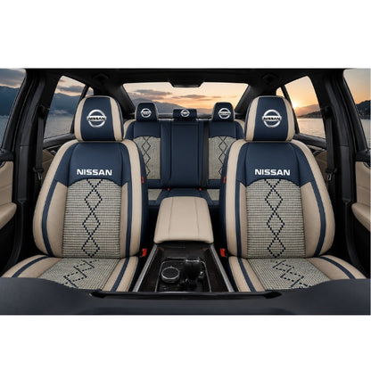 Set Huse Scaune piele ecologică perforată și textil pentru Nissan, Deluxe Albastru/Alb