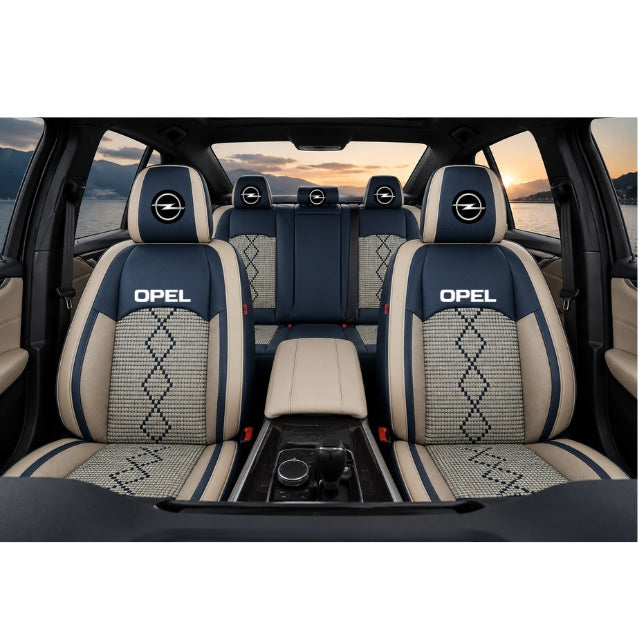 Set Huse Scaune piele ecologică perforată și textil pentru Opel, Deluxe Albastru/Alb
