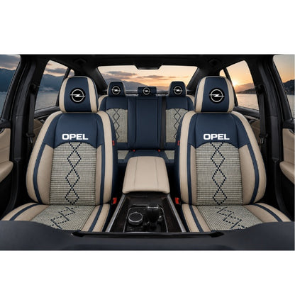 Set Huse Scaune piele ecologică perforată și textil pentru Opel, Deluxe Albastru/Alb
