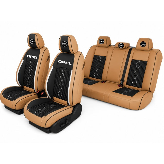 Set Huse Scaune piele ecologică perforată și textil pentru Opel, Deluxe Maro Caramel
